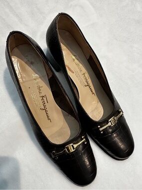 Salvatore Ferragamo Black Croc-Embossed Leather Heels with Gold Hardware